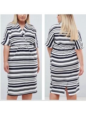 ASOS DESIGN Curve Black and White Striped Midi Dress With Pockets size 6